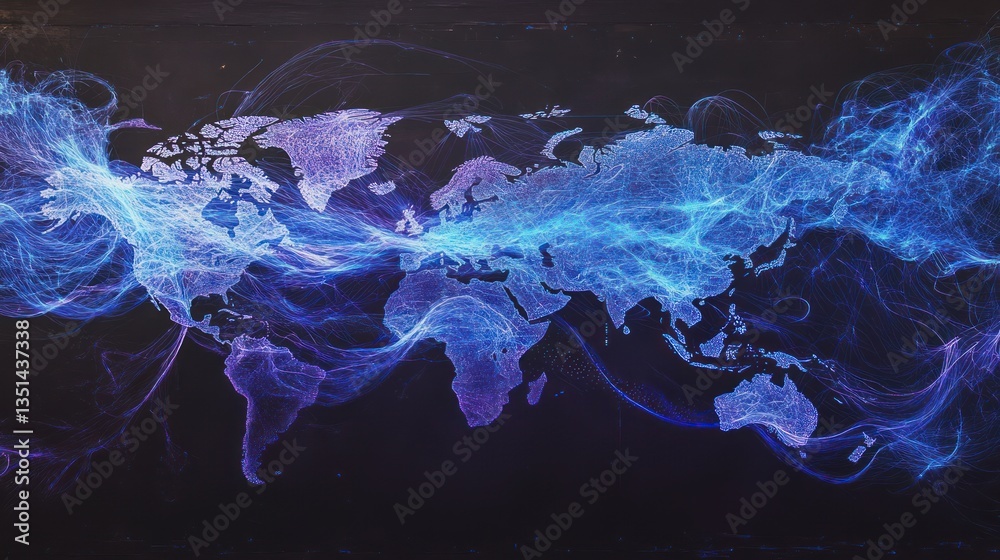 Fototapeta premium World map with glowing energy streams. Abstract global connectivity. Possible use stock photo for presentations on global communications, technology, or the future