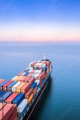 cargo ship laden with large shipping containers captured in early light of sunrise at bustling sea port