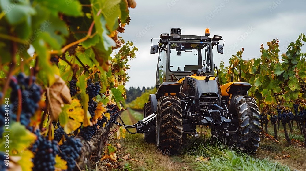 Automated grape harvester working in a vineyard, collecting grapes efficiently Automated grape harvester working in a vineyard, collecting grapes efficiently