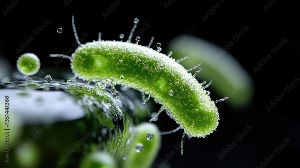 Naklejka premium Close-up view of a green rod-shaped microorganism, likely a bacterium, with detailed structure and water droplets