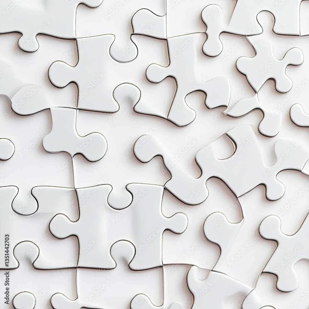 Closeup of Interlocking White Jigsaw Puzzle Pieces on Bright Backdrop, Completion Concept Closeup of Interlocking White Jigsaw Puzzle Pieces on Bright Backdrop, Completion Concept