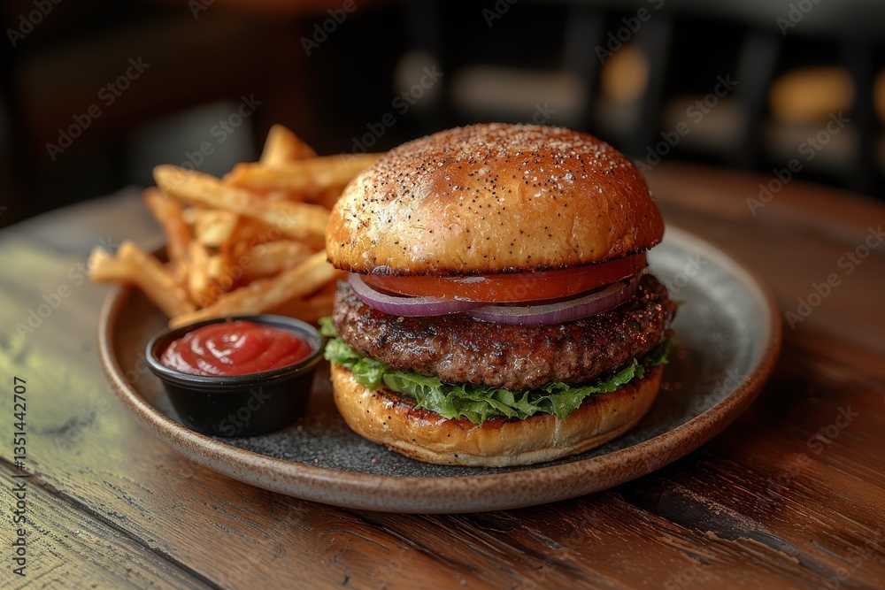 custom made wallpaper toronto digitalJuicy hamburger served with crispy fries and tangy ketchup on a rustic wooden table at a cozy diner during lunch
