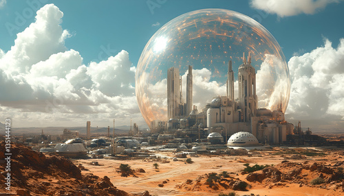 Futuristic desert city encased within a giant transparent dome.  A sprawling settlement surrounds it