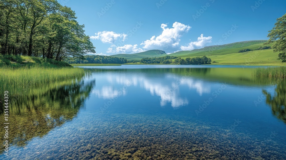 Fototapeta premium Serene lake reflections, lush green shoreline, rolling hills, sunny day