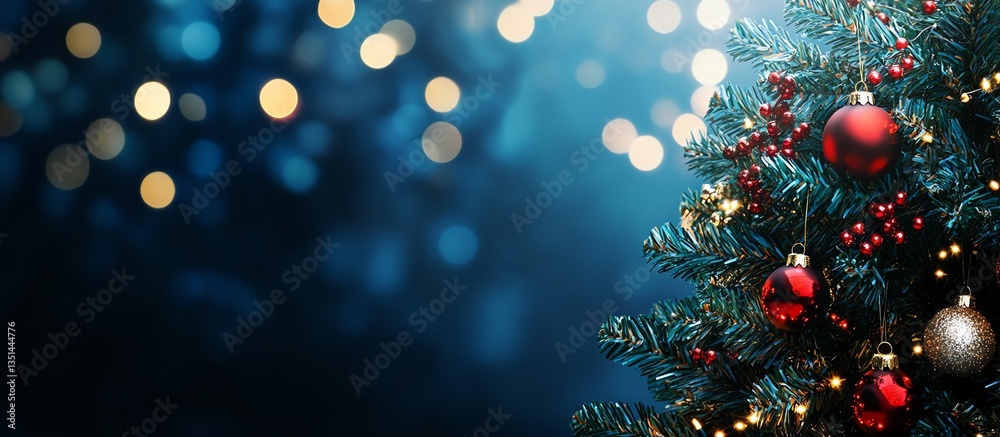 Decorated Christmas Tree with Red Ornaments and Bokeh Lights Festive Background Decorated Christmas Tree with Red Ornaments and Bokeh Lights Festive Background