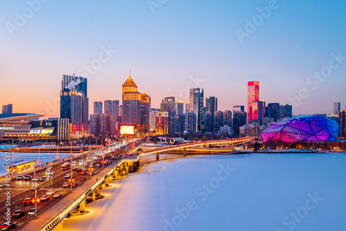 Aerial night view of the city skyline of Hunnan New District, Shenyang, Liaoning Province, China