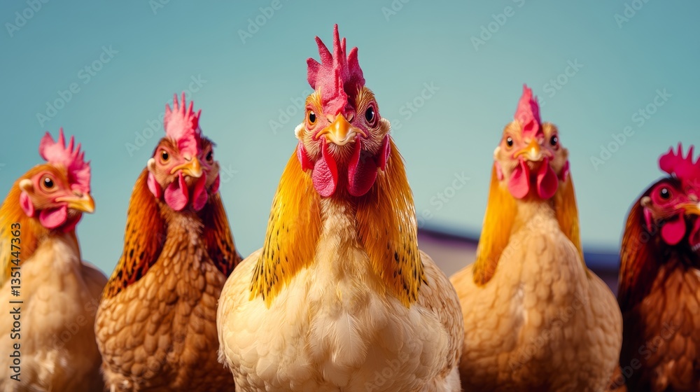 Fototapeta premium Group of five chickens are standing in a row, with one of them having a red beak. They are all facing the camera, and their heads are turned to the right. The chickens are of different sizes