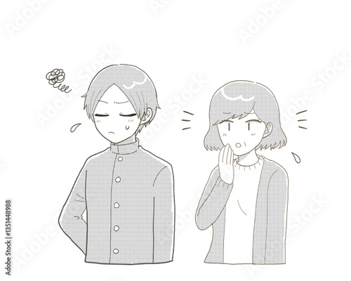 不機嫌そうな男子学生と不安そうなミドル女性