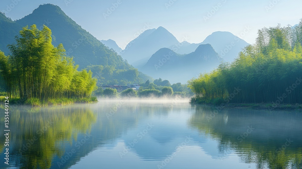 Misty mountain lake sunrise reflection, bamboo Misty mountain lake sunrise reflection, bamboo