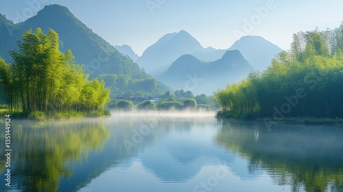 Misty mountain lake sunrise reflection, bamboo