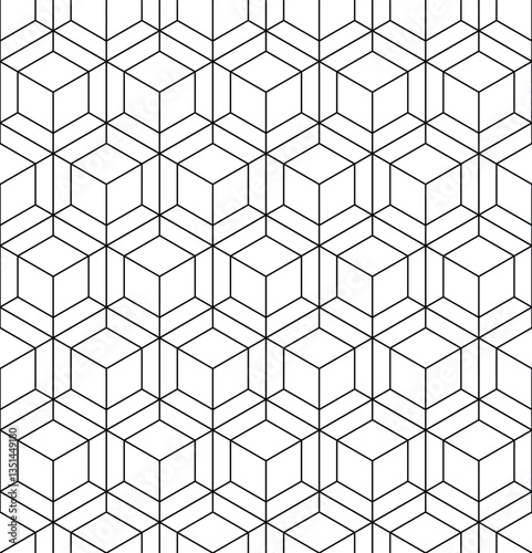 Hexagon seamless pattern with black thin line, modern, simple style for tech, futuristic background, vector illustration.