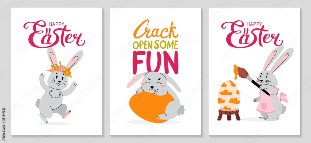 Fototapeta premium Easter Greeting poster Set. Bunny in various poses, painting eggs, sleeping. Hand drawn lettering. Vertical spring cards for social media, invitation, decorations in room. Vector illustration.