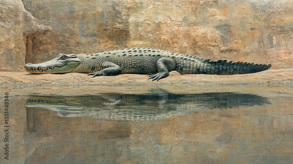 Magnificent Crocodile Basking in the Sun, Reflected in Still Water Magnificent Crocodile Basking in the Sun, Reflected in Still Water