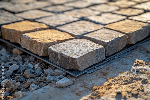 The image shows stone pavers being installed on a black support mesh. Use it for landscaping, construction, or home improvement projects. photo