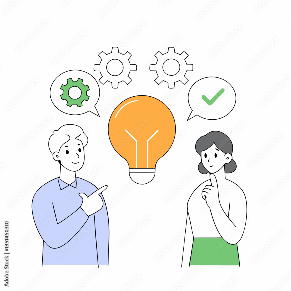 Innovation and Idea Concept. Lightbulb, gears, and people exchanging ideas for innovation and brainstorming. Innovation and Idea Concept. Lightbulb, gears, and people exchanging ideas for innovation and brainstorming.