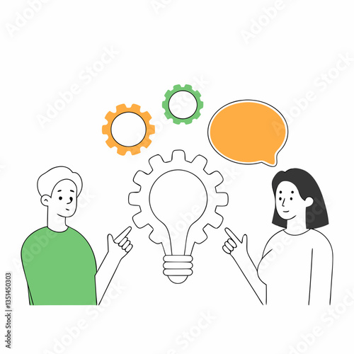  Innovation and Idea Concept. Lightbulb, gears, and people exchanging ideas for innovation and brainstorming.