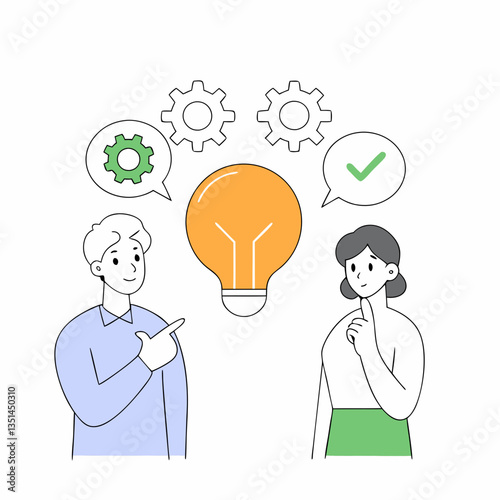  Innovation and Idea Concept. Lightbulb, gears, and people exchanging ideas for innovation and brainstorming.