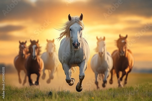 Group of horses are running in a field with the sun setting in the background. The horses are of different colors, including brown and white