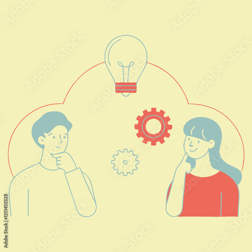  Innovation and Idea Concept. Lightbulb, gears, and people exchanging ideas for innovation and brainstorming.