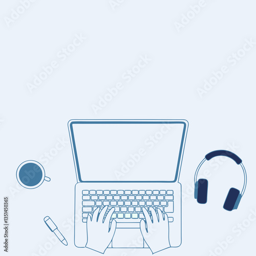 Freelancer Workspace Setup. Creative freelancer working on laptop at desk with minimal decor and tech tools.