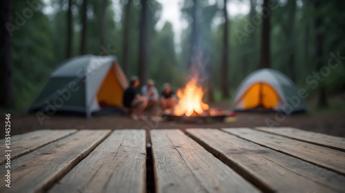 A forest camp with two tents, a campfire, and a wooden table in the foreground