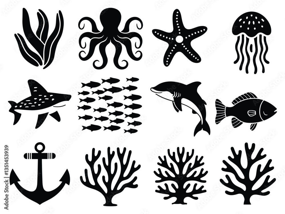 Fototapeta premium Black and White Marine Life Silhouettes