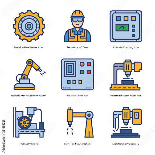 2d vector illustration colorful machine , worker and Industry and its development technology, factories and production lines icon
