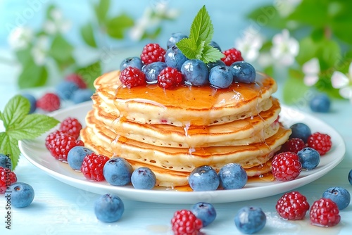 Wallpaper Mural Fluffy Pancakes with Berries  Syrup. Torontodigital.ca
