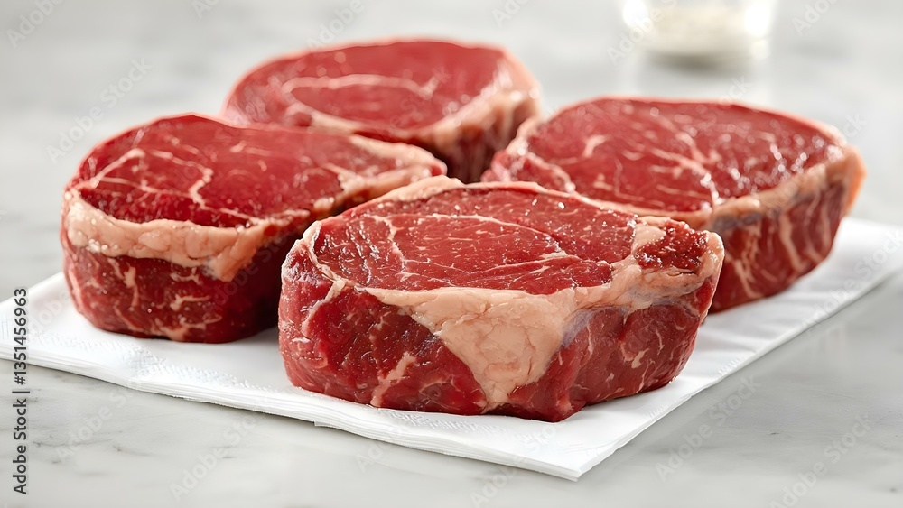 Four cuts of raw ribeye steak on a white napkin. Concept Ribeye Steak Cuts, Raw Meat Preparation, Culinary Presentation, Gastronomic Photography Four cuts of raw ribeye steak on a white napkin. Concept Ribeye Steak Cuts, Raw Meat Preparation, Culinary Presentation, Gastronomic Photography
