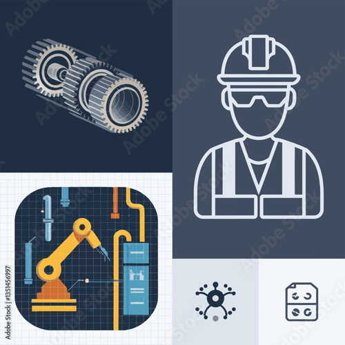2d vector illustration colorful machine , worker and Industry and its development technology, factories and production lines icon

