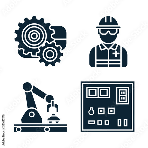 2d vector illustration colorful machine , worker and Industry and its development technology, factories and production lines icon
