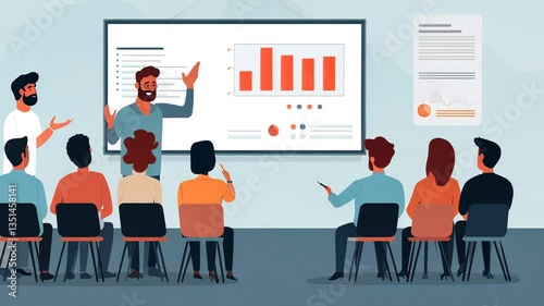 Animated Business Presentation with Team and Graph on Screen for Marketing Training