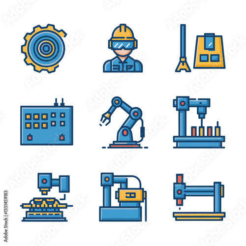 2d vector illustration colorful machine , worker and Industry and its development technology, factories and production lines icon

