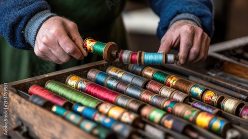 A cotton winder spinning dyed threads into organized spools.