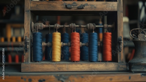 A cotton winder spinning dyed threads into organized spools.