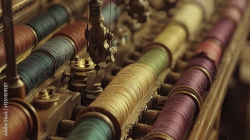 A cotton winder spinning dyed threads into organized spools.