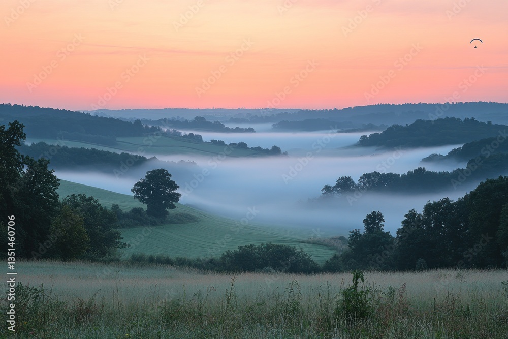 Fototapeta premium Foggy valley sunrise with paraglider, rolling hills, meadow foreground