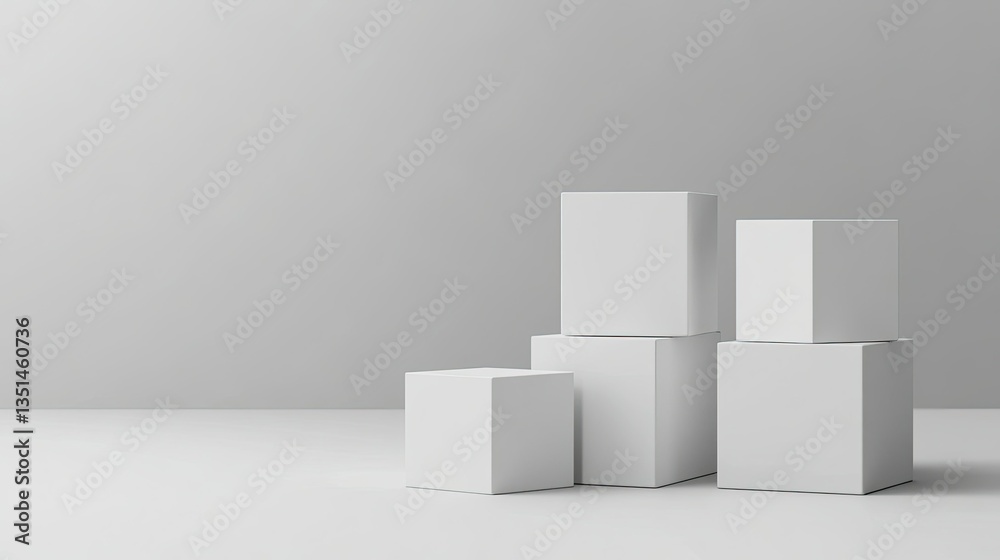 Minimalist Composition Stacked White Cubes on White Surface, Grey Background, Geometric Shapes Minimalist Composition Stacked White Cubes on White Surface, Grey Background, Geometric Shapes