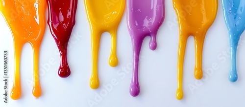 Close-up of multicolored wax in various drips, isolated on white, showcasing the glossy and vibrant textures and fluid motion.