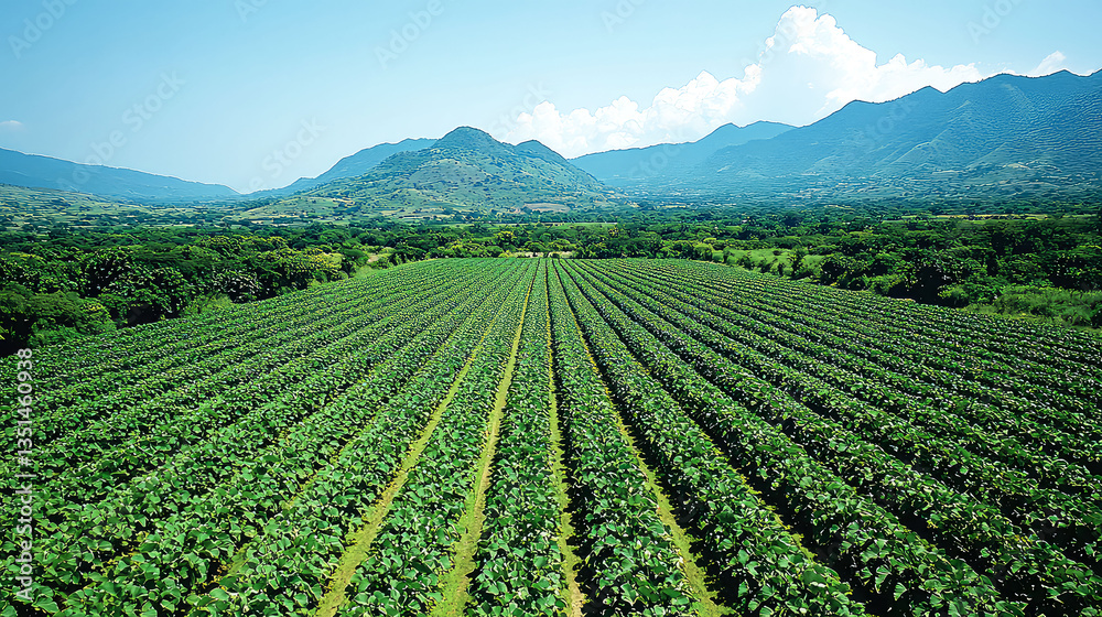 Serene Landscape: Rows of Crops in a Vast Green Field, Mountains in Background Serene Landscape: Rows of Crops in a Vast Green Field, Mountains in Background