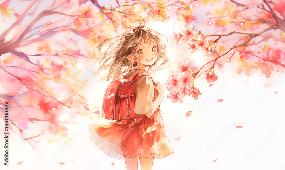 Fototapeta premium 新生活の喜びを感じている少女。桜。水彩。水彩画。イラスト。バナー素材。背景素材。