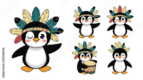 set of Cute Cartoon adorable tribal Penguin with feathers and wigwam isolated on a white background, different poses, vector illustration 