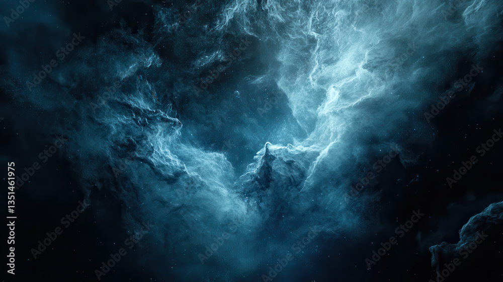 A minimalistic artistic interpretation of a nebula, subtle glowing dust and gas swirls in a deep navy-blue background, high-contrast details
