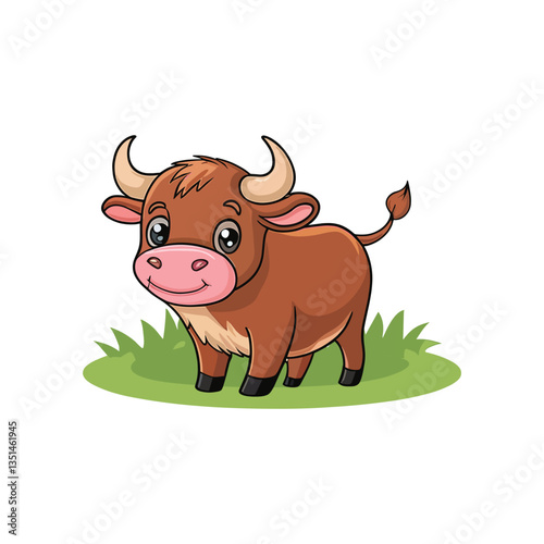 A hand-drawn cute cartoon adorable little bull in different poses on a green land, isolated on a white background, vector illustration 
