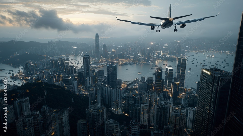Airplane Approaching Hong Kong City at Dusk. Airplane Approaching Hong Kong City at Dusk.