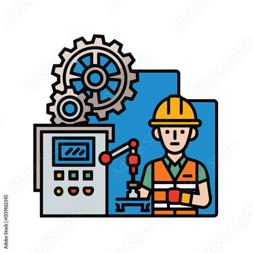 2d vector illustration colorful machine , worker and Industry and its development technology, factories and production lines icon
