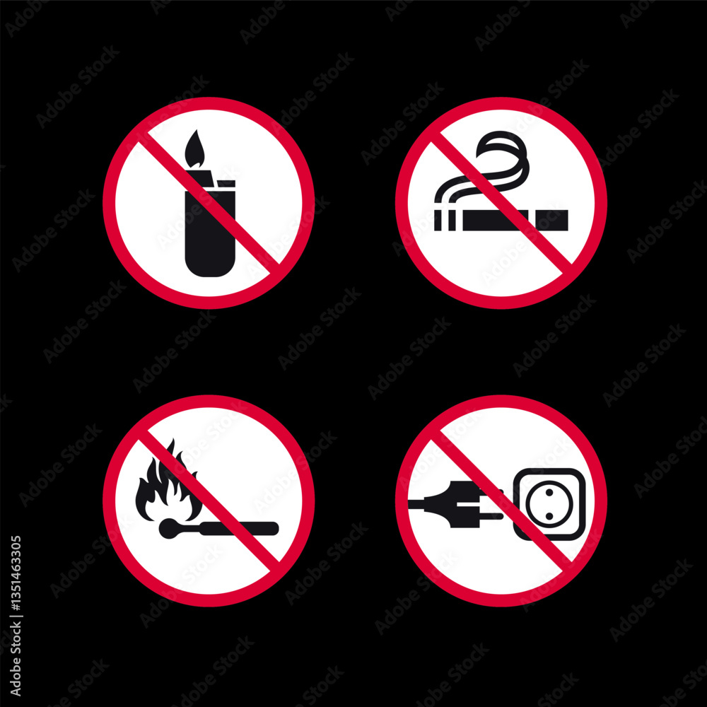 Prohibited signs, forbidden round stickers set, vector icons. Prohibited signs, forbidden round stickers set, vector icons.