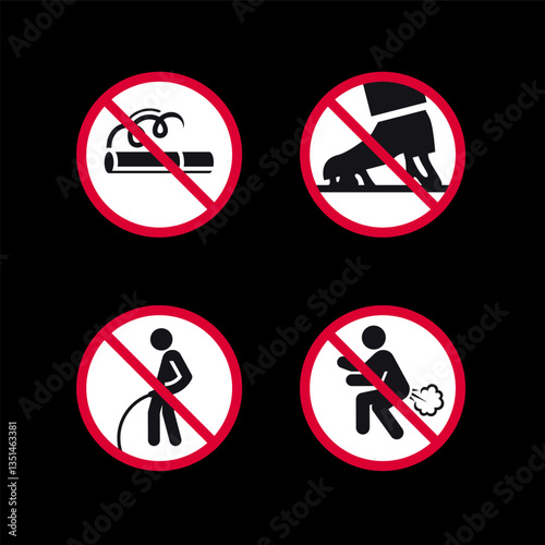 Prohibited signs, forbidden round stickers set, vector icons.