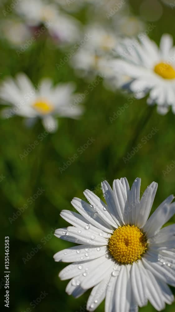 Close-up video shot of daisies with dew, using a shallow depth of field. The angle captures the vibrant details against a blurred green background. Live mobile wallpaper. Close-up video shot of daisies with dew, using a shallow depth of field. The angle captures the vibrant details against a blurred green background. Live mobile wallpaper.