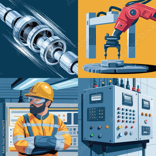 2d vector illustration colorful machine , worker and Industry and its development technology, factories and production lines icon
